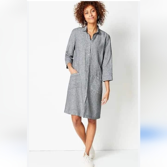 J. Jill Love Linen Shirtdress Pinstripe  Convertible Tunic Pearl Button Up Small - Picture 1 of 13
